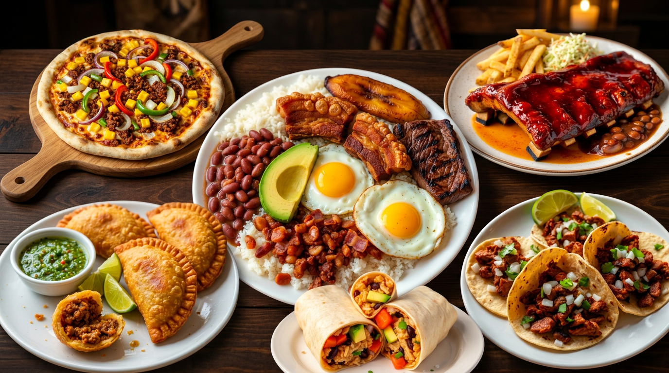Full spread of Colombian and Mexican dishes on one table